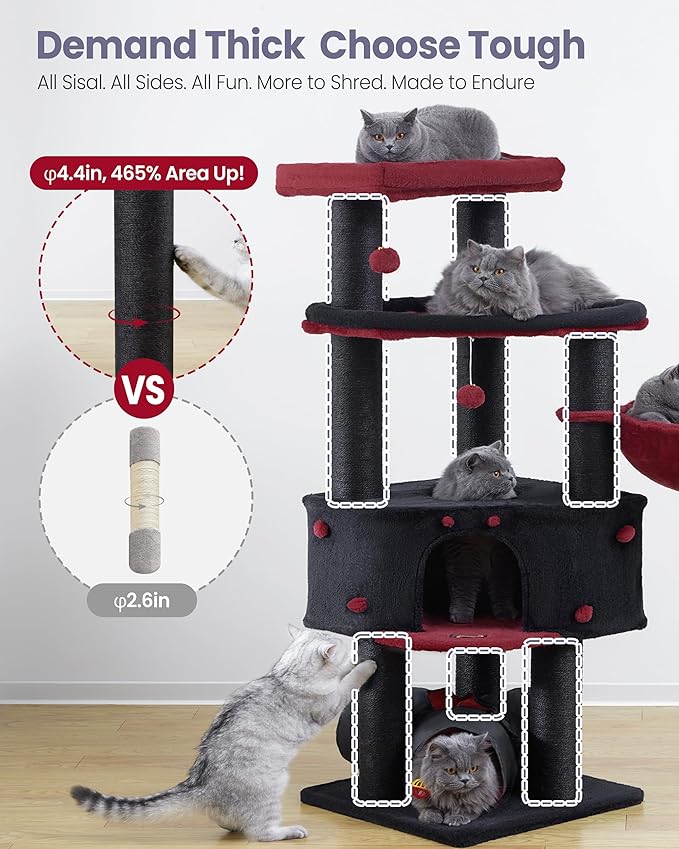 Cat Tree Tower for Large Cats Adult - 60 Inch XXL Sturdy Heavy Duty Extra Wide Scratching Posts (φ4.4in) Condo - Indoor Big Cat House Hammock Perch - XL Wood Multi Level Feline Pet Bed Trees Houses