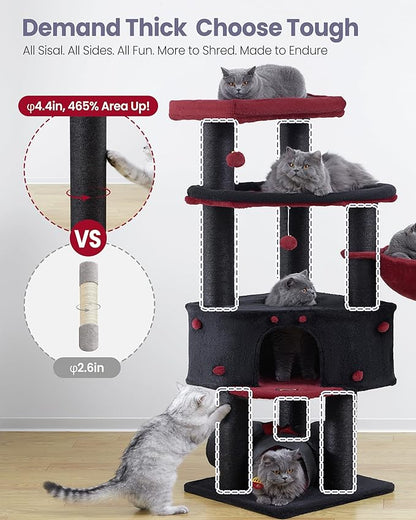 Cat Tree Tower for Large Cats Adult - 60 Inch XXL Sturdy Heavy Duty Extra Wide Scratching Posts (φ4.4in) Condo - Indoor Big Cat House Hammock Perch - XL Wood Multi Level Feline Pet Bed Trees Houses