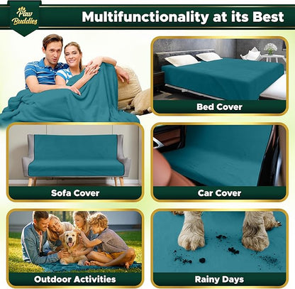Paw Buddies Premium Waterproof Blanket 80"x90" Velvet-Feel Reversible Throw – Leakproof, Machine Washable Bed & Sofa King Size Protector for Couples, Pets & Travel + Bonus Small Blanket