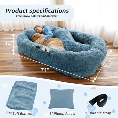 Human Dog Bed, 71''x45''x12'' Size Fits You and Pets, Washable Faux Fur Pet Bed for People Doze Off, Napping Orthopedic Dog Bed, Present Plump Pillow, Blanket, Strap - Navy