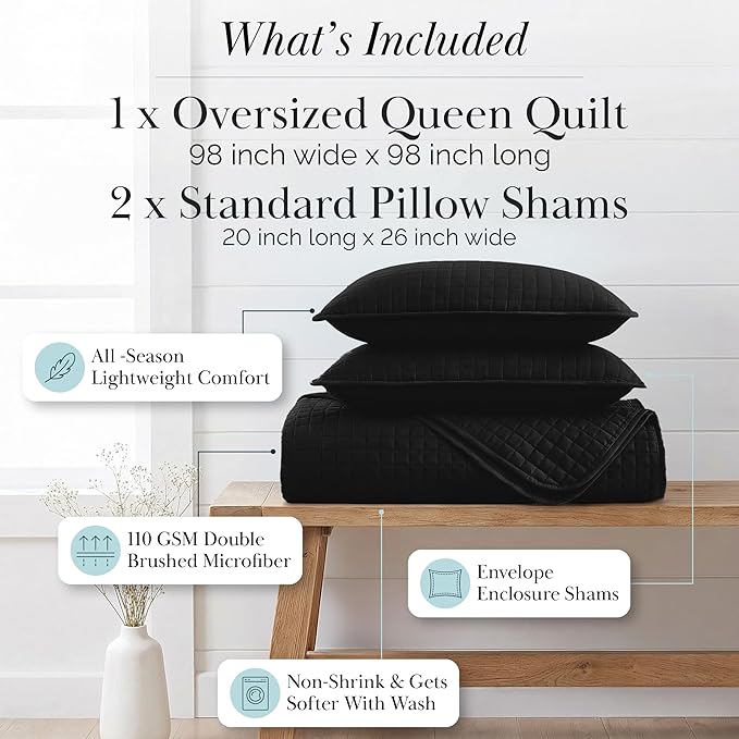 Southshore Fine Living, Inc. Quilts Queen Size Sets, Full Quilt Bedding Set, Pet Hair Resistant Bedding Coverlet Queen Size, Full Size Quilt, Microfiber Comforter with 2 Pillow Shams, Black Quilts
