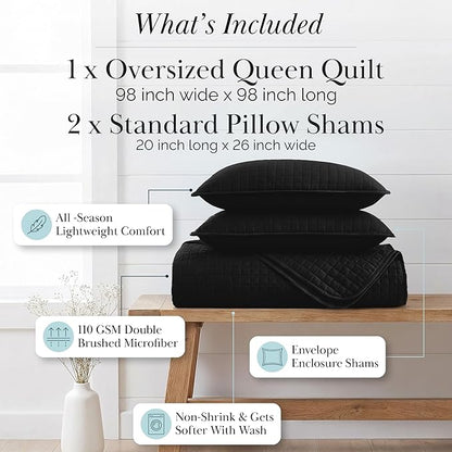 Southshore Fine Living, Inc. Quilts Queen Size Sets, Full Quilt Bedding Set, Pet Hair Resistant Bedding Coverlet Queen Size, Full Size Quilt, Microfiber Comforter with 2 Pillow Shams, Black Quilts