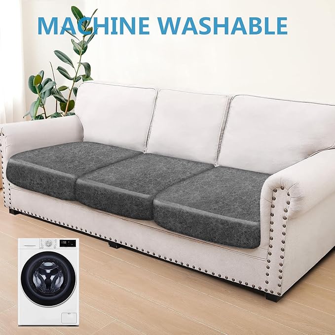 ANARACHON Leather Look Couch Cushion Covers Sofa Seat Slipcovers Sets Couches Furniture Protector for Sectional Armchair Loveseat Pets Kids Stretch Spandex Fabric (3 Cushion Sofa, Light Grey-04)