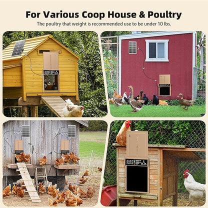 Automatic Chicken Coop Door Solar Powered, Pet Deluxe Chicken Door with Programmable Timer & Light Sensor, Anti-Pinch Safety, 7W Solar Panel, Aluminum Alloy with 10 Wire Clips Solar Chicken Door-Brown