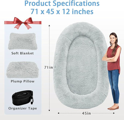 Human & Dog Bed - 71''x45''x12'' Fits People & Pets, 10 CM Thick Memory Foam, Washable, Adult & Large Size, Giant Oversize, Foldable with Plump Pillow, Blanket, Strap - Grey