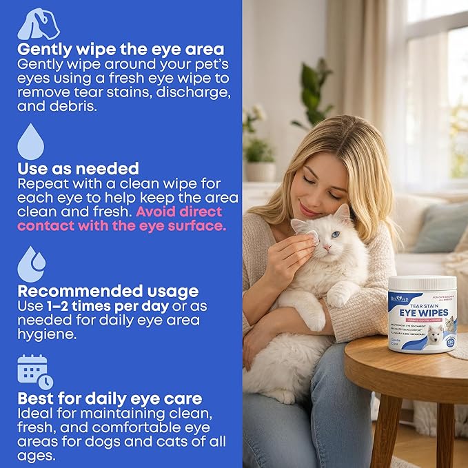 Beloved Pets Cat & Dog Eye Wash Wipes & Tear Stain Remover, Cleaner | Eye Infection Treatment Helps Prevent Pink Eye, Relief Allergies Symptoms, Runny, Dry Eyes - Safe for Small Animals