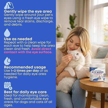 Beloved Pets Cat & Dog Eye Wash Wipes & Tear Stain Remover, Cleaner | Eye Infection Treatment Helps Prevent Pink Eye, Relief Allergies Symptoms, Runny, Dry Eyes - Safe for Small Animals