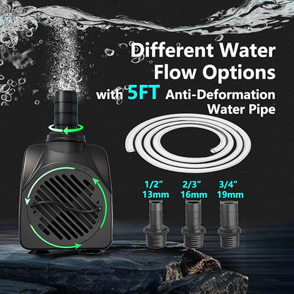 400GPH Auto-Shut-OFF Submersible Pond Pump (1500L/H 25W) Ultra Quiet Fountain Water Pump with 6.5ft High Lift, 3 Nozzles for Aquarium, Fish Tank, Pond, Hydroponics, Statuary,Water Feature.