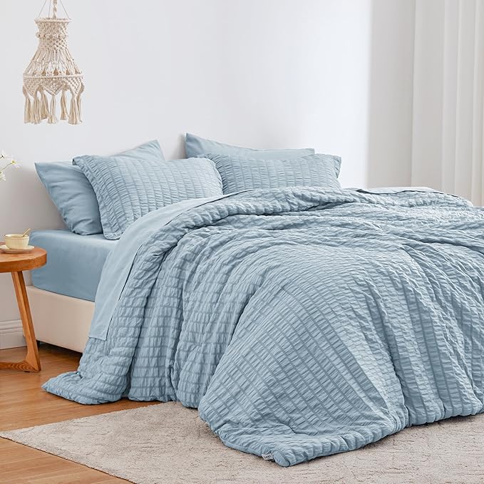 Love's cabin Seersucker Light Blue King Size Comforter Set, 7-Piece All Season Lightweight Bed in a Bag Bedding Set with Comforter, Flat Sheet, Fitted Sheet, Pillowcases and Shams | Soft, Breathable, Lightweight