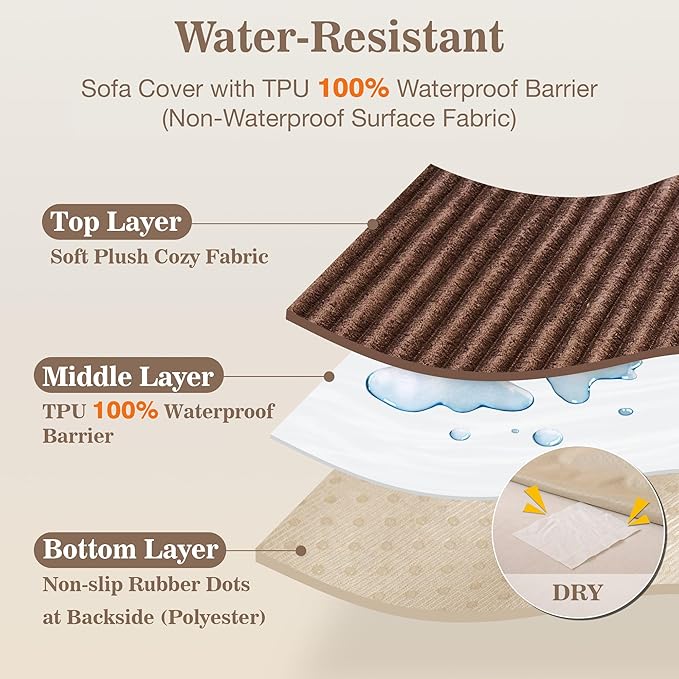 MYSKY HOME 100% Waterproof Couch Cover, Couch Covers for Dogs Washable, Non Slip Couch Covers for 3 Cushion Sofa Pet Friendly, Sofa Cover Slipcover Furniture Protector Dog Bed Cover, Brown, 35"x70.9"