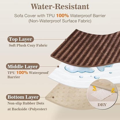 MYSKY HOME 100% Waterproof Couch Cover, Couch Covers for Dogs Washable, Non Slip Couch Covers for 3 Cushion Sofa Pet Friendly, Sofa Covers Slipcovers Furniture Protector Dog Bed Cover, Brown35 x82.7