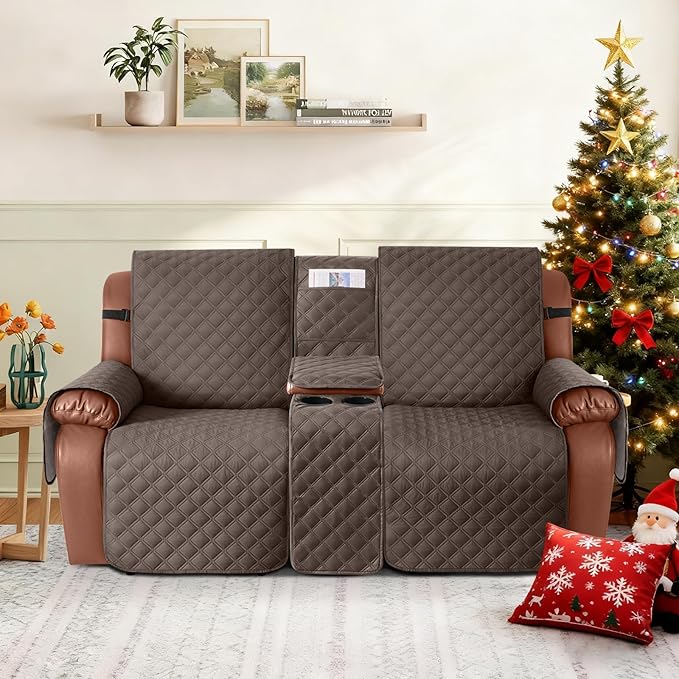 Ruaozz Waterproof Loveseat Recliner Cover with Console Non-Slip Reclining Couch Covers Split Sofa Slipcovers with Elastic Straps Furniture Protector for Kids, Dogs, Pets(Brown, 2 Seater)