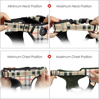 NESTROAD No Pull Dog Harness with Leash, Reflective No Choke Pet Vest Harness,Adjustable Soft Padded Dog Harness with Easy Control Handle for Large Dogs(Checkered Beige,Large)