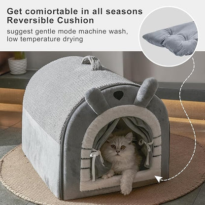 Jiupety Small Dog House Indoor, Cat House with Door Curtain Design, Puppy House with Reversible Washable Cushion, M Size Portable Pet Cave for 7-13 lb Cats and 5-11 lb Dogs, Non-Slip Bottom, Grey