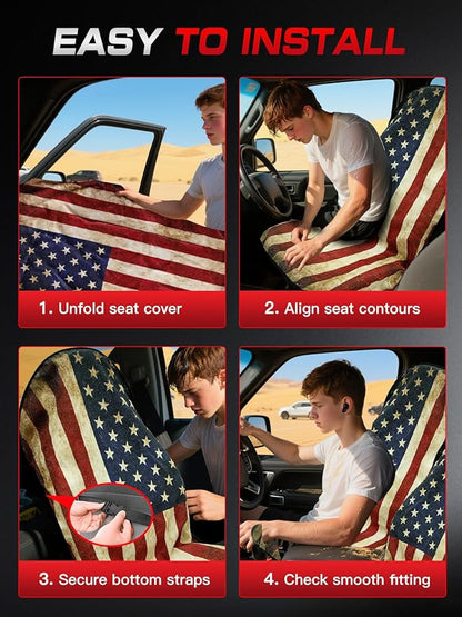 American Flag Car Seat Cover Towel, Waterproof Sweat Protector for Gym Post-Workout & Beach, Universal Fit for Sedans SUV Minivan, Machine Washable Non-Slip Bucket Seat Mat - 2 Pack