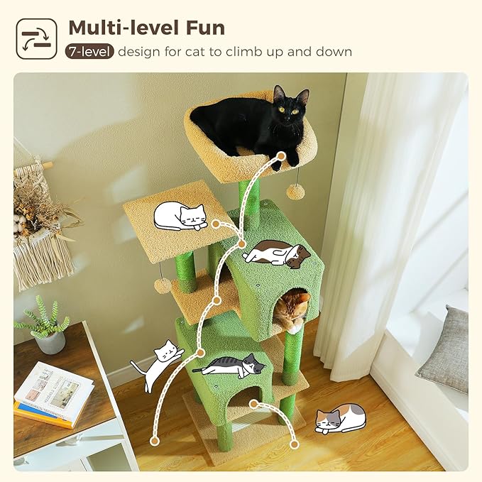 MUTTROS Cactus Cat Tree, 62-Inch Tall Multi-Level Cat Tower with Scratching Posts, Cat Condos for Large Indoor Cats, Plush Cat Bed w/Padded Perches, Scratching Pad & 2 Green Pompoms, Green