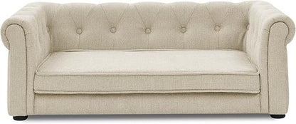 Elevated Dog Sofa with Backrest and Armrests, Button Tufted Dog Couch Bed with Soft Cushion for Medium Dogs, Stylish Lounging Bed Pet Couch Chair, 60Lbs Weight Capacity, Beige