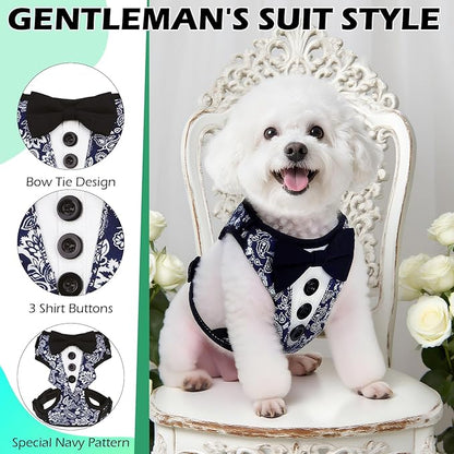 EXPAWLORER Dog Tuxedo Harness, Adjustable No Pull Pet Vest Harness with Leash Wedding Suit Attire with Bow Tie, Soft Padded Step-in Party Outfit Costume for Puppy Small Medium Dogs, Blue XS