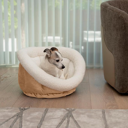 Sherry Kline Small Cuddler Cup Pet Bed: Cozy Retreat with Deep Cushioning, Secure & Snug Space for Nap or Lounge, Easy in 'n' Out Access, Polyester Fiber, Round Shape (Caramel Gold)