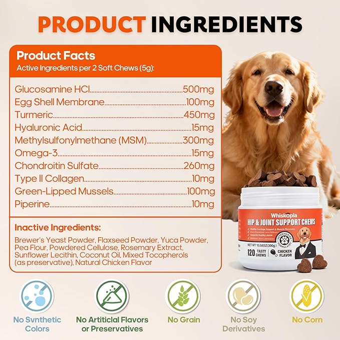 Glucosamine for Dogs Hip and Joint Supplement Chews Treats for Dogs with MSM, Chondroitin Dog Joint Pain Relief Mobility Supplements Chicken Flavor Fit All Large Small Medium Breed- 120 Ct
