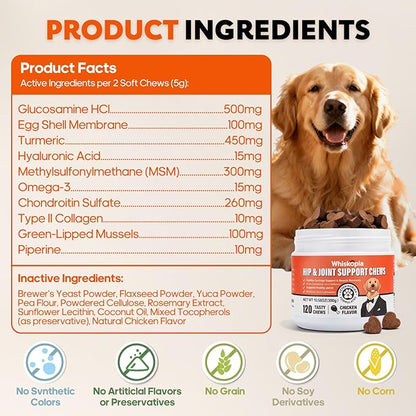 Glucosamine for Dogs Hip and Joint Supplement Chews Treats for Dogs with MSM, Chondroitin Dog Joint Pain Relief Mobility Supplements Chicken Flavor Fit All Large Small Medium Breed- 120 Ct