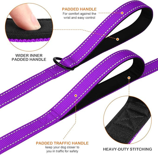 Joytale Dog Leash Heavy Duty for Large Dogs that Pull, Double Handle for Traffic Control, Double-Sided Reflective Leashes for Large Medium Dogs Night Safety, 4FT, Purple