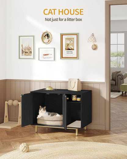 Hzuaneri Cat Litter Box Enclosure Enclosed, Hidden Litter Box Cabinet Furniture with Storage, Wooden Indoor Cat House Large, Modern End Table for Living Room Entryway, Black and Gold CB01504G