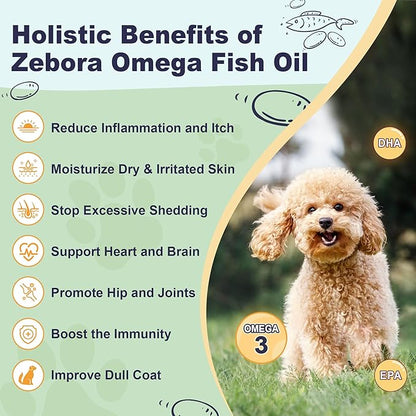 ZEBORA Omega 3 Fish Oil for Dogs, Wild Caught Dog Fish Oil, EPA & DHA, Krill Oil, Kelp, Skin and Coat Supplement, Anti Itch & Shedding, Support Dry Skin, Joint Health, Dog Allergy Relief