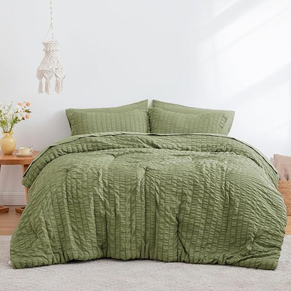 Love's cabin Seersucker Sage Green California King Comforter Set, 7-Piece All Season Lightweight Bed in a Bag Bedding Set with Comforter, Flat Sheet, Fitted Sheet, Pillowcases and Shams | Soft, Breathable, Lightweight