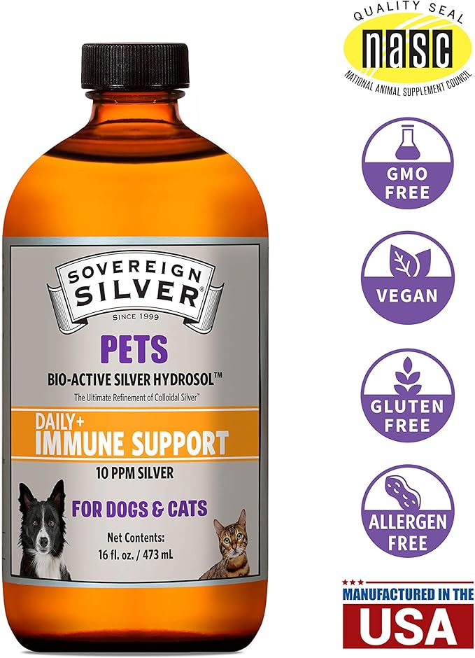 Sovereign Silver Pets Immune Support - Colloidal Silver, Bio-Active Silver Hydrosol, for dogs and cats, 10 ppm, Liquid Twist Top, 16 Fl Oz, (473 mL)