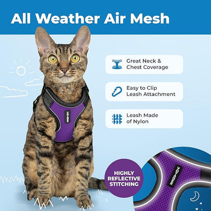 Voyager Escape-Proof Step-in Lock Cat Harness & 5ft Neoprene-Handle Leash Set All-Weather Mesh with Reflective Stitching for Small to Large Cats by Best Pet Supplies, Black Trim-Purple (327), XXXS