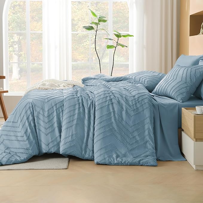 Litanika Grayish Blue Queen Size Comforter Set with Sheets - 7 Pieces Bed in a Bag Queen Boho Tufted Complete Bedding Sets with Comforter, Sheets, Pillowcases & Shams