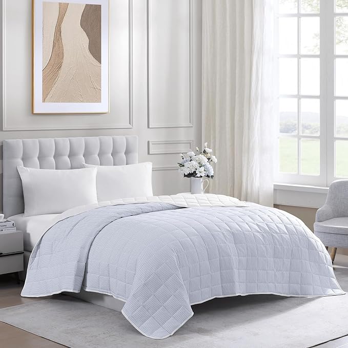 Casa Platino Pre-Washed Queen Size Bed Blanket - Ultra Soft Lightweight All Season Reversible Down Alternative - Ticking Stripe Blue, White