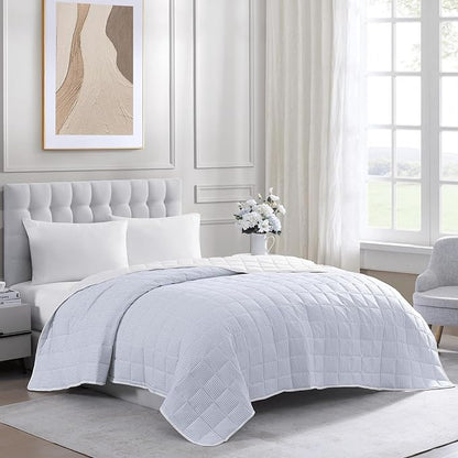 Casa Platino Pre-Washed Twin Size Bed Blanket - Lightweight, All Season, Premium Reversible Down Alternative - Ticking Stripe Blue, White