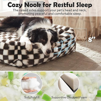 JOEJOY Dog Bed Medium Size Dog, Removable Washable Cover Orthopedic Soft Pet Bed, Anti-Slip Fluffy Plush Faux Rabbit Fur Puppy Bed, 30"x24"x8", Checkered, Brown
