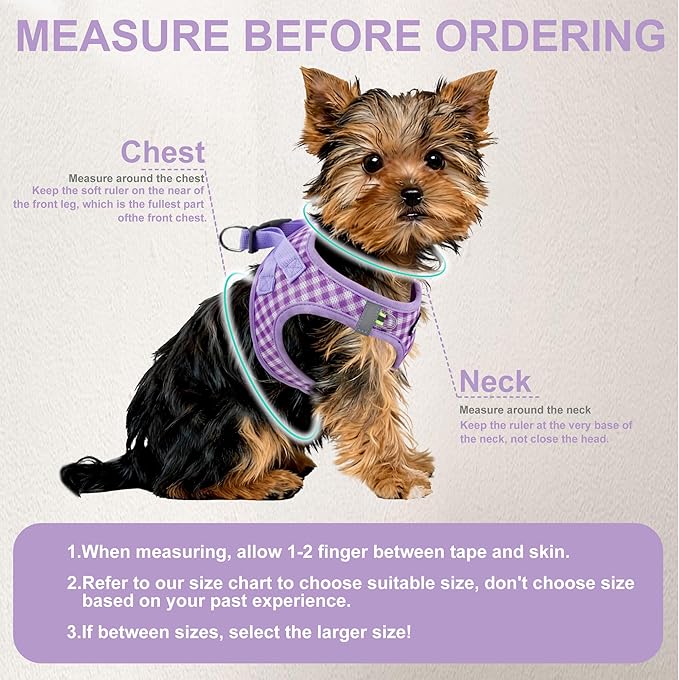 AIITLE Small Dog Harness with Leash – Soft Breathable Mesh, Plaid Pattern & Reflective Strips – Ideal for Training, Running & Party Outings (S, Purple)