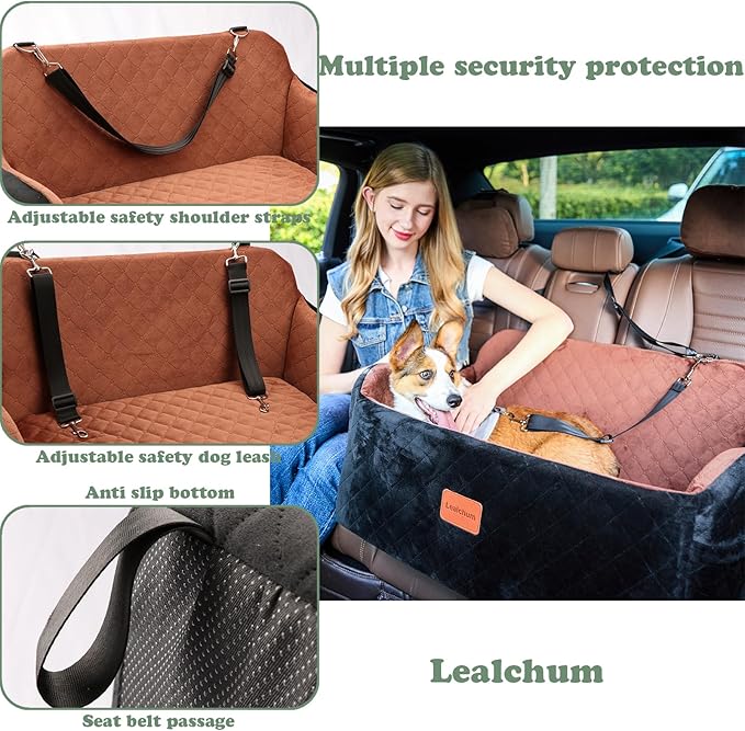 Lealchum Large Dog Car Seat,Memory Foam Cushion Car Seat for 2 Small Dogs,Comfy Car Dog Bed with Side Pocket and 2 Clip-On Safety Leashes,Easy to Install Cars Seat for Dogs(Black, Large)