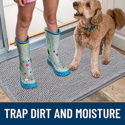 Smiry Dog Door Mat for Muddy Paws 24x16, Absorbs Moisture and Dirt Doormat, Non-Slip Washable Quick Dry Chenille Front Door Mat Indoor Entrance, Entryway Carpet for Inside Floor, Light Grey