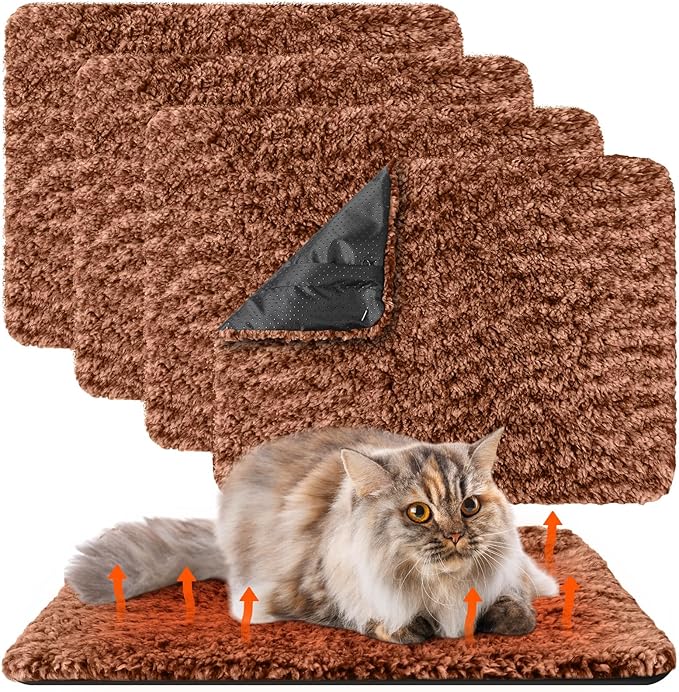 Drydiet 4 Pack Self Warming Cat Pads Self Heating Cat Mat Washable Homeless Dogs Thermal Pads Kennel Pad Reflects Body Heat Warm Crate Bed Mat for Indoor Outdoor Pet(Brown,16 x 20 Inch)