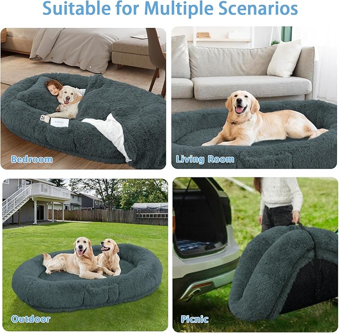 Human Dog Bed, 71''x45''x12'' Size Fits People and Pet 10 CM Thick Memory Foam Washable Adult Large Bed Giant Oversize Foldable Dog Bed with Plump Pillow, Blanket, Strap - Darkgrey