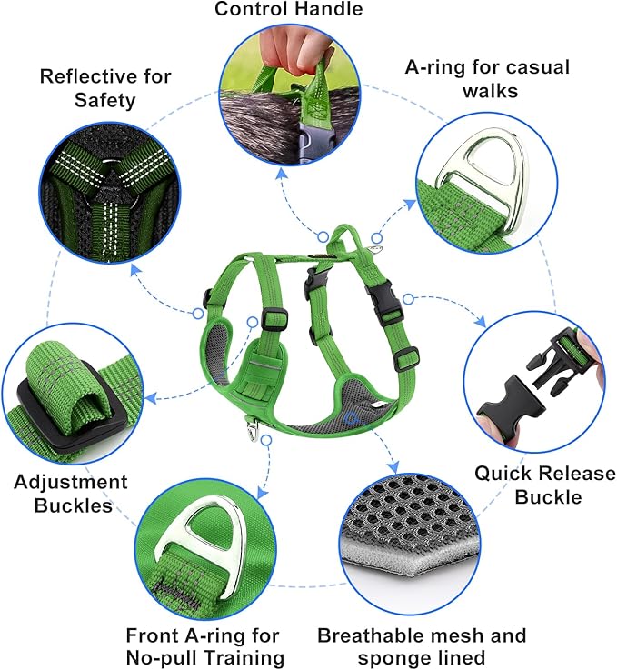 Plutus Pet No Pull Dog Harness, Reflective Adjustable Dog Vest Harness with Handle, Escape Proof, Soft Padded for Small Medium Large Dogs (Green, L)