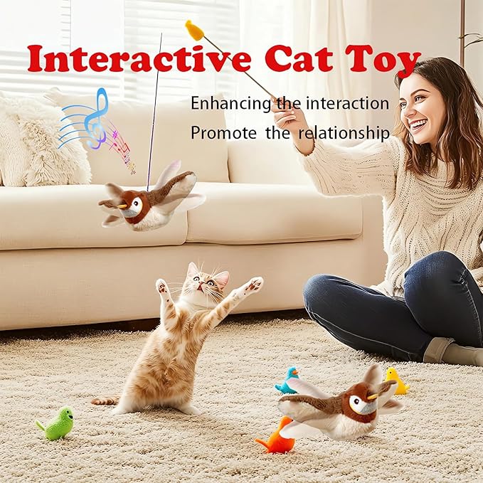 Upgraded Interactive Chirping Bird Cat Toys with Flapping Wings,New Flying Birds Cats Toy, Flying Simulation Electric Sparrow Shaking Hunting Pet Toy for Indoor-Larger (Brown)
