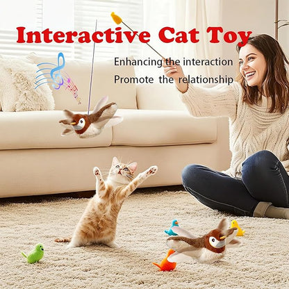 Upgraded Interactive Chirping Bird Cat Toys with Flapping Wings,New Flying Birds Cats Toy, Flying Simulation Electric Sparrow Shaking Hunting Pet Toy for Indoor-Larger (Brown)