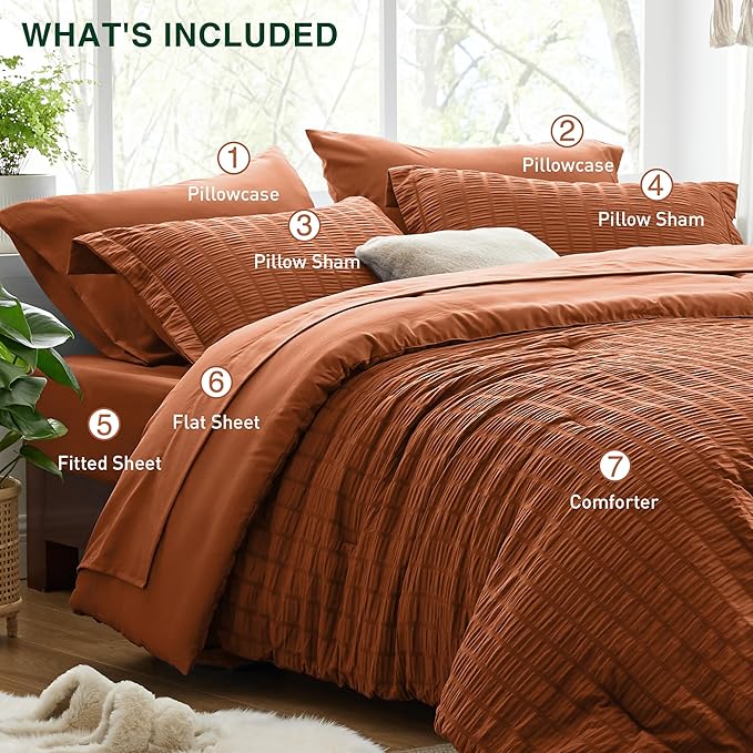 Love's cabin Seersucker Terracotta Queen Comforter Set, 7-Piece All Season Lightweight Bed in a Bag Bedding Set with Comforter, Flat Sheet, Fitted Sheet, Pillowcases and Shams | Soft, Breathable, Lightweight
