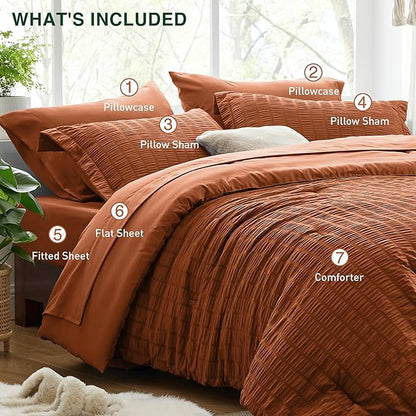 Love's cabin Seersucker Terracotta Queen Comforter Set, 7-Piece All Season Lightweight Bed in a Bag Bedding Set with Comforter, Flat Sheet, Fitted Sheet, Pillowcases and Shams | Soft, Breathable, Lightweight