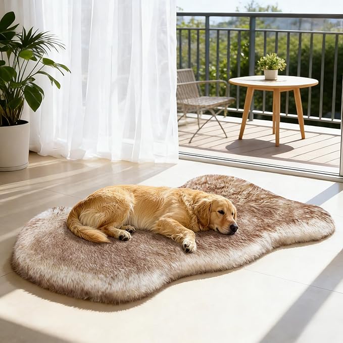 Plush Faux Fur Dog Bed for Large Dogs, Fluffy Luxury Dog Mattress, Fuzzy Dog Bed Mat Soft Flat Dog Beds Washable and Waterproof Pet Dog Rug Bed, Extra Large Orthopedic Dog Bed, Brown, 50"