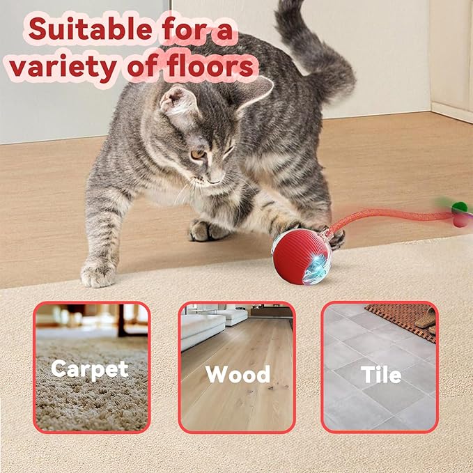 Valentines Day Gifts Speedy 2.0 Tail Interactive Cat Toys for Indoor Cats, Automatic Cat Toy with Elastic Mesh Tail, Electric Rolling Ball on Carpet, Chirping and Motion Activate Cat