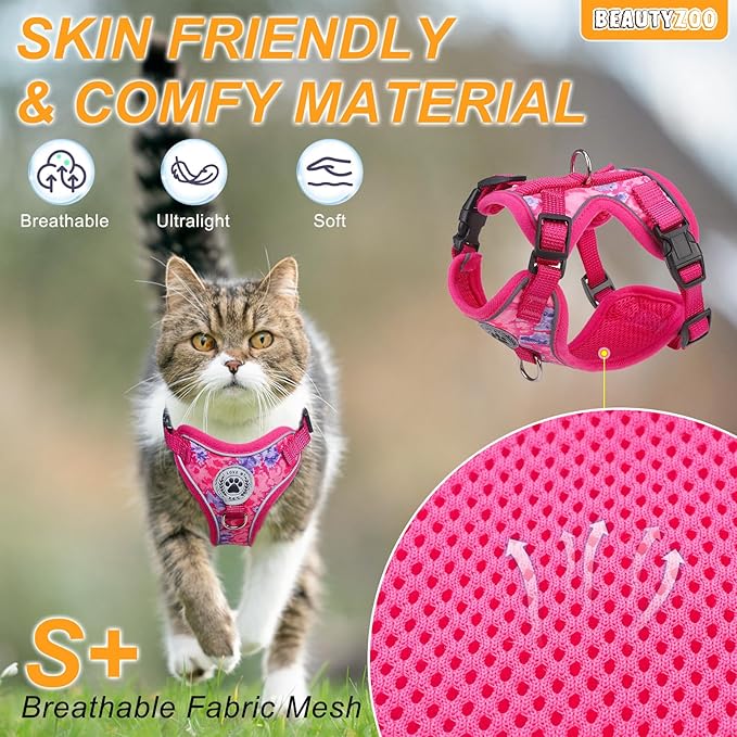 BEAUTYZOO Cat Harness and Leash for Walking, Escape Proof Soft Adjustable Vest Harnesses for Small Cats Kittens, Easy Control Breathable Reflective Strips Jacket, Rose, S