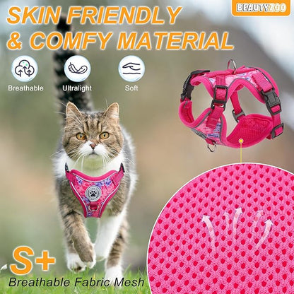 BEAUTYZOO Cat Harness and Leash for Walking, Escape Proof Soft Adjustable Vest Harnesses for Small Cats Kittens, Easy Control Breathable Reflective Strips Jacket, Rose, S
