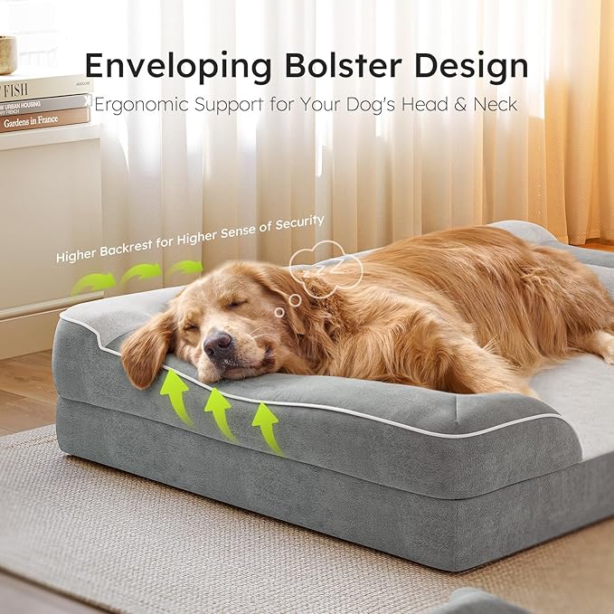 CWAWZ XXL Dog Bed for Extra Large Dogs, Giant Orthopedic Dog Bed with Cooling Gel Memory Foam, Waterproof Pet Bed with Removable Washable Cover, 53" Pet Sofa bed Dutch Velvet with Bone Toy, Light Gray